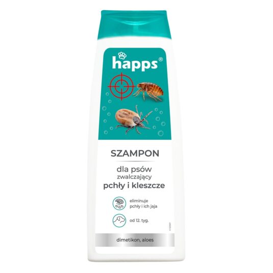Biało-niebieska butelka szamponu zwalczającego pchły i kleszcze dla psów. Marka HAPPS.