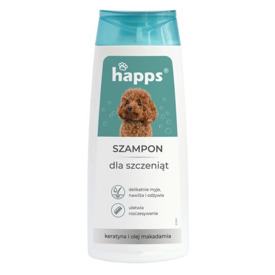 Biało-niebieska butelka pielęgnacyjnego szamponu dla szczeniąt marki Happs.