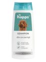 Biało-niebieska butelka pielęgnacyjnego szamponu dla szczeniąt marki Happs.