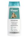 Biało-niebieska butelka szamponu wspomagającego kurację na pchły i kleszcze dla psów. Marka HAPPS.