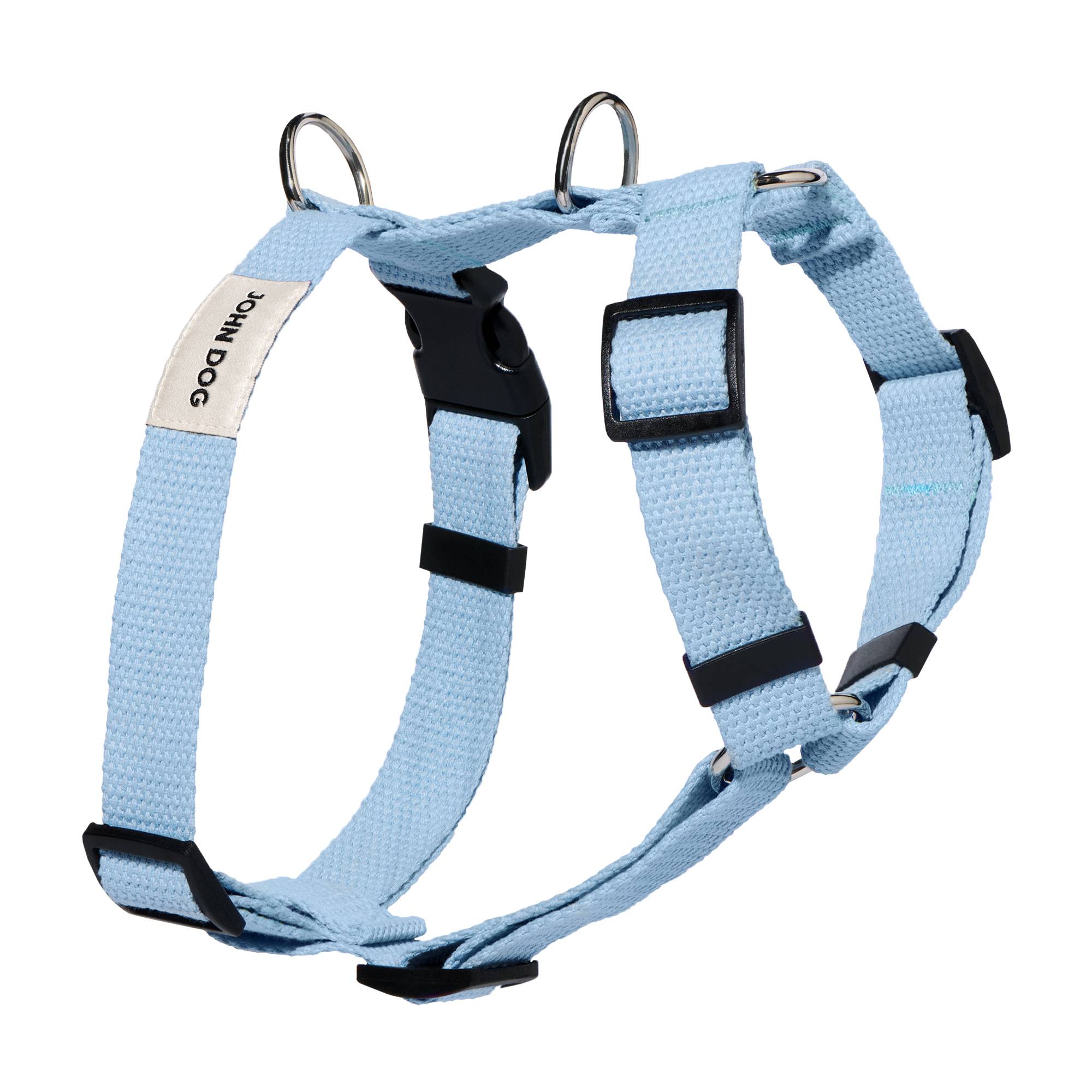 Błękitne szelki typu guard John Dog z kolekcji Lizbona z beżowym logo. Szelki są podwieszone w powietrzu i obrócone bokiem.