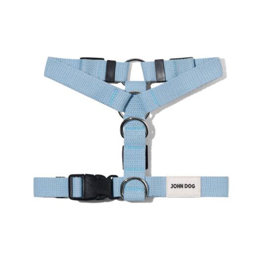 Błękitne szelki typu guard John Dog z kolekcji Lizbona rozłożone na płasko, z beżowym logo.