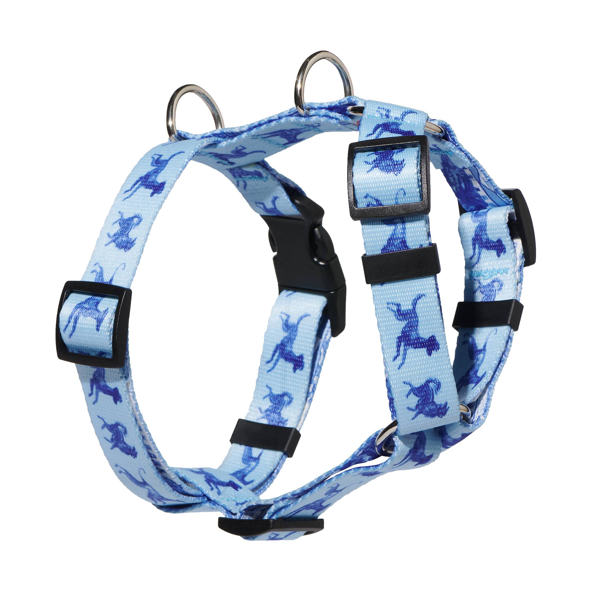 Szelki typu guard John Dog z kolekcji Lizbona we wzór w granatowe psy na błękitnym tle. Szelki są podwieszone w powietrzu i obrócone bokiem.