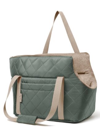 Oliwkowa torba dla psa John Dog z beżowym wnętrzem, widok od prawego boku z ukosa.