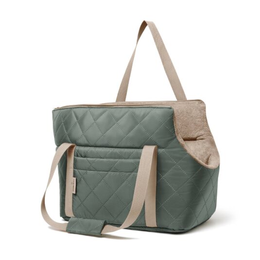 Oliwkowa torba dla psa John Dog z beżowym wnętrzem, widok od prawego boku z ukosa.