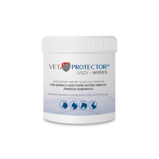 Biało-niebieskie opakowanie czyścików do uszu napalcowych Uszy - Wipes Vet Protector Jm Sante Pharma.