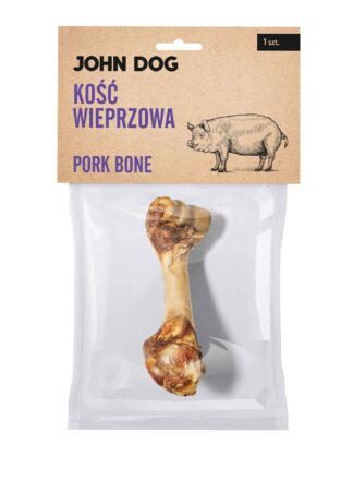Transparentne opakowanie gryzaka naturalnego dla psa marki John Dog z beżową etykietą. Na etykiecie napis „Kość wieprzowa/ Pork bone 1 szt.” oraz ilustracja świni. W środku widoczna 1 kość wieprzowa.