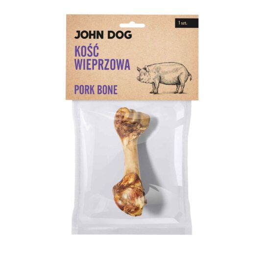 Transparentne opakowanie gryzaka naturalnego dla psa marki John Dog z beżową etykietą. Na etykiecie napis „Kość wieprzowa/ Pork bone 1 szt.” oraz ilustracja świni. W środku widoczna 1 kość wieprzowa.