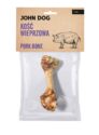 Transparentne opakowanie gryzaka naturalnego dla psa marki John Dog z beżową etykietą. Na etykiecie napis „Kość wieprzowa/ Pork bone 1 szt.” oraz ilustracja świni. W środku widoczna 1 kość wieprzowa.