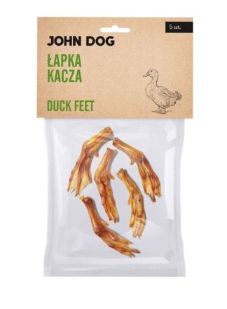 Transparentne opakowanie gryzaków naturalnych dla psa marki John Dog z beżową etykietą. Na etykiecie napis „Łapka kacza/Duck feet 5 szt.” oraz ilustracja kaczki. W środku widoczne 5 sztuk suszonych kaczych łapek.