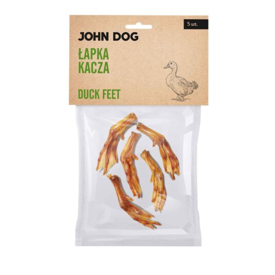 Transparentne opakowanie gryzaków naturalnych dla psa marki John Dog z beżową etykietą. Na etykiecie napis „Łapka kacza/Duck feet 5 szt.” oraz ilustracja kaczki. W środku widoczne 5 sztuk suszonych kaczych łapek.