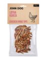 Transparentne opakowanie gryzaków naturalnych dla psa marki John Dog z beżową etykietą. Na etykiecie napis „Lotka kurza /Chicken wing tips 200 g” oraz ilustracja kury. W środku widoczne suszone lotki kurze.