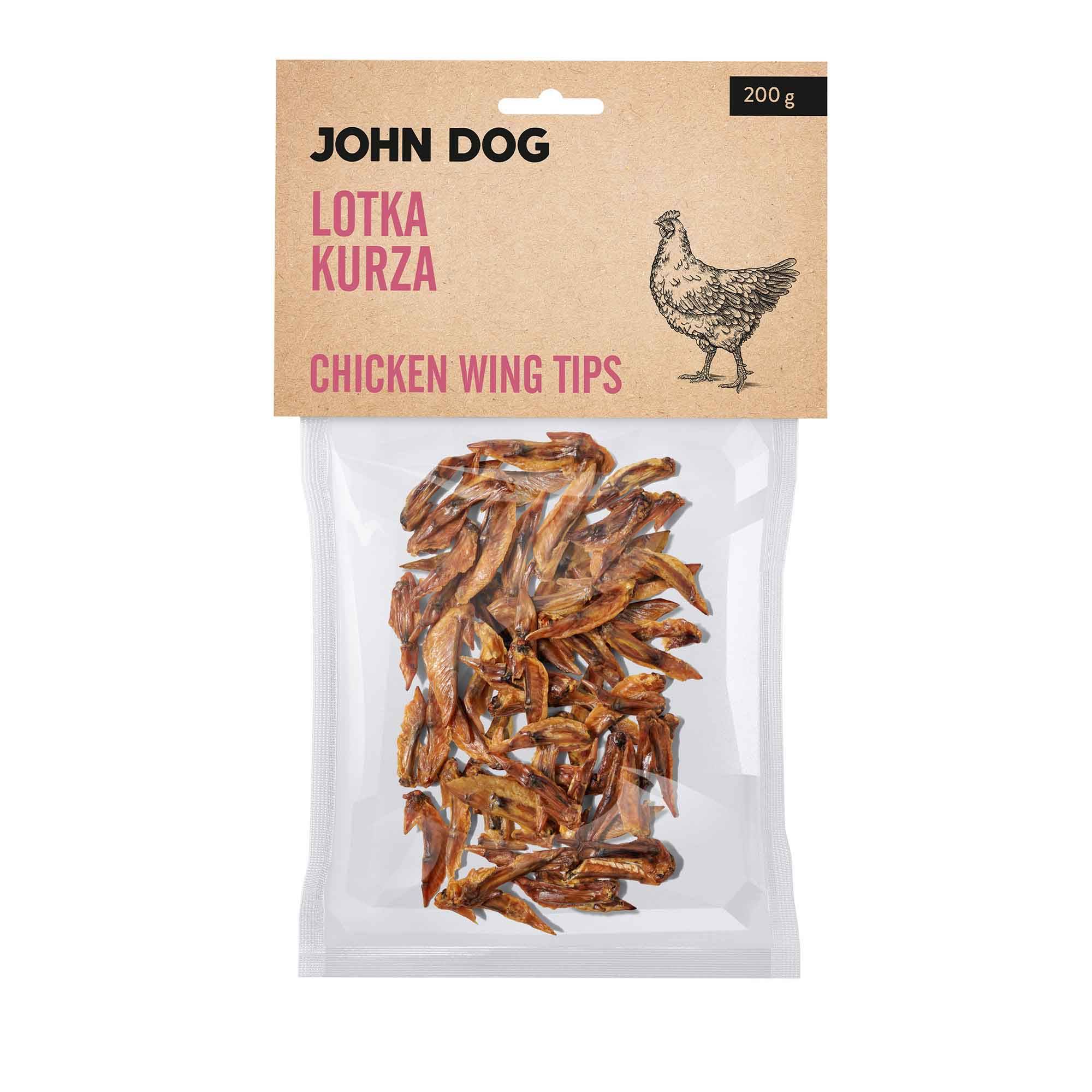 Transparentne opakowanie gryzaków naturalnych dla psa marki John Dog z beżową etykietą. Na etykiecie napis „Lotka kurza /Chicken wing tips 200 g” oraz ilustracja kury. W środku widoczne suszone lotki kurze.