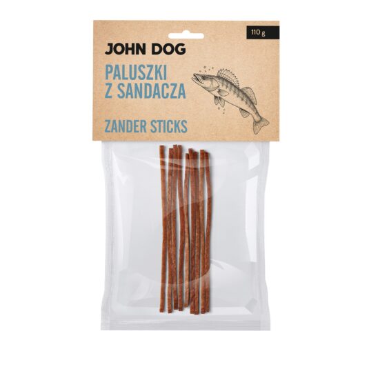 Transparentne opakowanie gryzaków dla psa marki John Dog z beżową etykietą. Na etykiecie napis „Paluszki z sandacza / Zander Sticks” oraz ilustracja ryby. W środku widoczne cienkie paluszki.