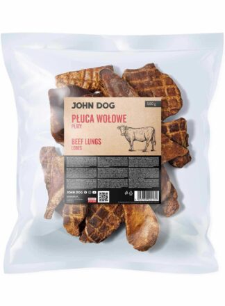 Transparentne opakowanie gryzaków naturalnych dla psa marki John Dog z beżowo-czarną etykietą. Na etykiecie napis „Płuca wołowe płaty”, ilustracja krowy, opis gryzaków, kod qr i kod kreskowy. W środku widoczne suszone płuca wołowe