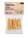 Transparentne opakowanie gryzaków naturalnych dla psa marki John Dog z beżową etykietą. Na etykiecie napis „Skóra wieprzowa/Pork skin 200 g” oraz ilustracja świni. W środku widoczne 5 sztuk suszonych rolek z wieprzowej skóry.
