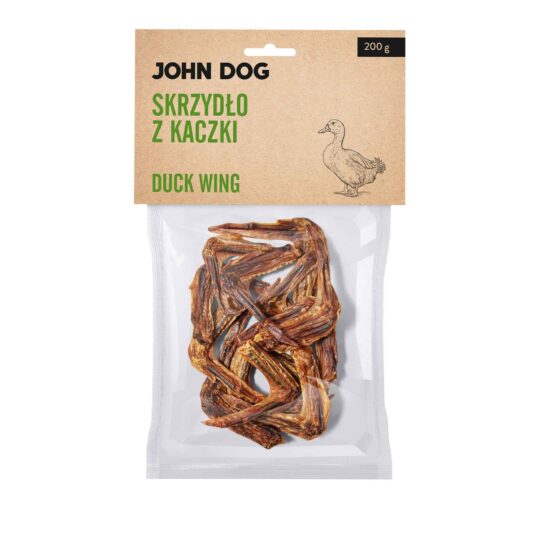 Transparentne opakowanie gryzaków naturalnych dla psa marki John Dog z beżową etykietą. Na etykiecie napis „Skrzydło z kaczki/Duck wing 200 g” oraz ilustracja kaczki. W środku widoczne suszone skrzydła z kaczki.