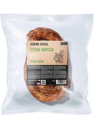 Transparentne opakowanie gryzaków naturalnych dla psa marki John Dog z beżowo-czarną etykietą. Na etykiecie napis „Szyjka indycza/Turkey neck 3 szt.” ilustracja indyka, opis gryzaków, kod qr i kod kreskowy . W środku widoczne 3 sztuki suszonych szyjek indyczych.