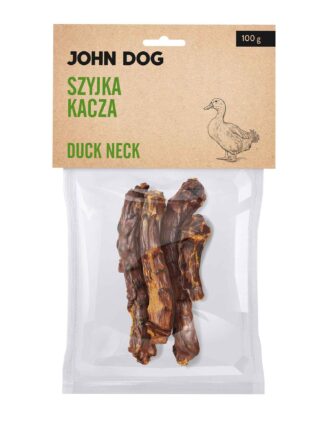 Transparentne opakowanie gryzaków naturalnych dla psa marki John Dog z beżową etykietą. Na etykiecie napis „Szyjka kacza/Duck neck 100 g” oraz ilustracja kaczki. W środku widoczne 4 sztuki suszonych kaczych szyjek.