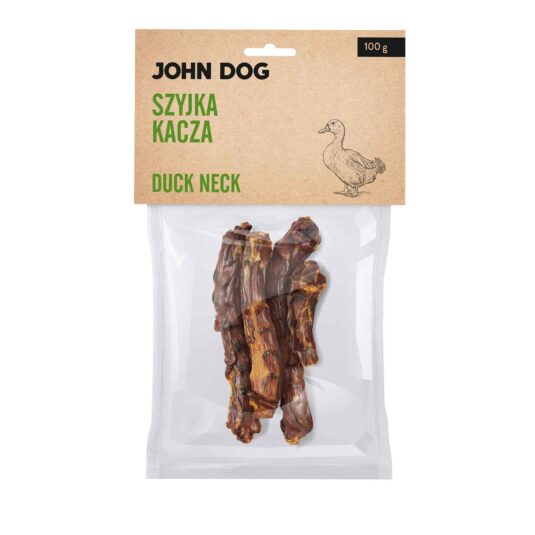 Transparentne opakowanie gryzaków naturalnych dla psa marki John Dog z beżową etykietą. Na etykiecie napis „Szyjka kacza/Duck neck 100 g” oraz ilustracja kaczki. W środku widoczne 4 sztuki suszonych kaczych szyjek.