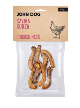 Transparentne opakowanie gryzaków naturalnych dla psa marki John Dog z beżową etykietą. Na etykiecie napis „Szyjka kurza/Chicken neck 100 g” oraz ilustracja kury. W środku widoczne 8 sztuk suszonych kurzych szyjek.