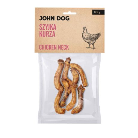 Transparentne opakowanie gryzaków naturalnych dla psa marki John Dog z beżową etykietą. Na etykiecie napis „Szyjka kurza/Chicken neck 100 g” oraz ilustracja kury. W środku widoczne 8 sztuk suszonych kurzych szyjek.