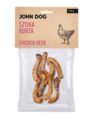 Transparentne opakowanie gryzaków naturalnych dla psa marki John Dog z beżową etykietą. Na etykiecie napis „Szyjka kurza/Chicken neck 100 g” oraz ilustracja kury. W środku widoczne 8 sztuk suszonych kurzych szyjek.