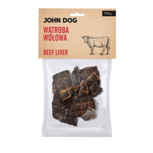 Transparentne opakowanie gryzaków naturalnych dla psa marki John Dog z beżową etykietą. Na etykiecie napis „Wątroba wołowa/Beef liver 200 g” oraz ilustracja krowy. W środku widoczne suszone kawałki wątroby wołowej.