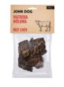 Transparentne opakowanie gryzaków naturalnych dla psa marki John Dog z beżową etykietą. Na etykiecie napis „Wątroba wołowa/Beef liver 200 g” oraz ilustracja krowy. W środku widoczne suszone kawałki wątroby wołowej.