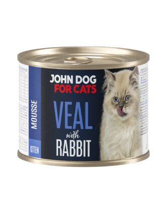 Karma mokra dla kociąt cielęcina z królikiem w ciemnej puszcze 200 g John Dog for Cats. Na etykiecie jest jasnoszary kot oraz białe i niebieskie napisy.