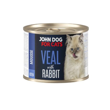 Karma mokra dla kociąt cielęcina z królikiem w ciemnej puszcze 200 g John Dog for Cats. Na etykiecie jest jasnoszary kot oraz białe i niebieskie napisy.
