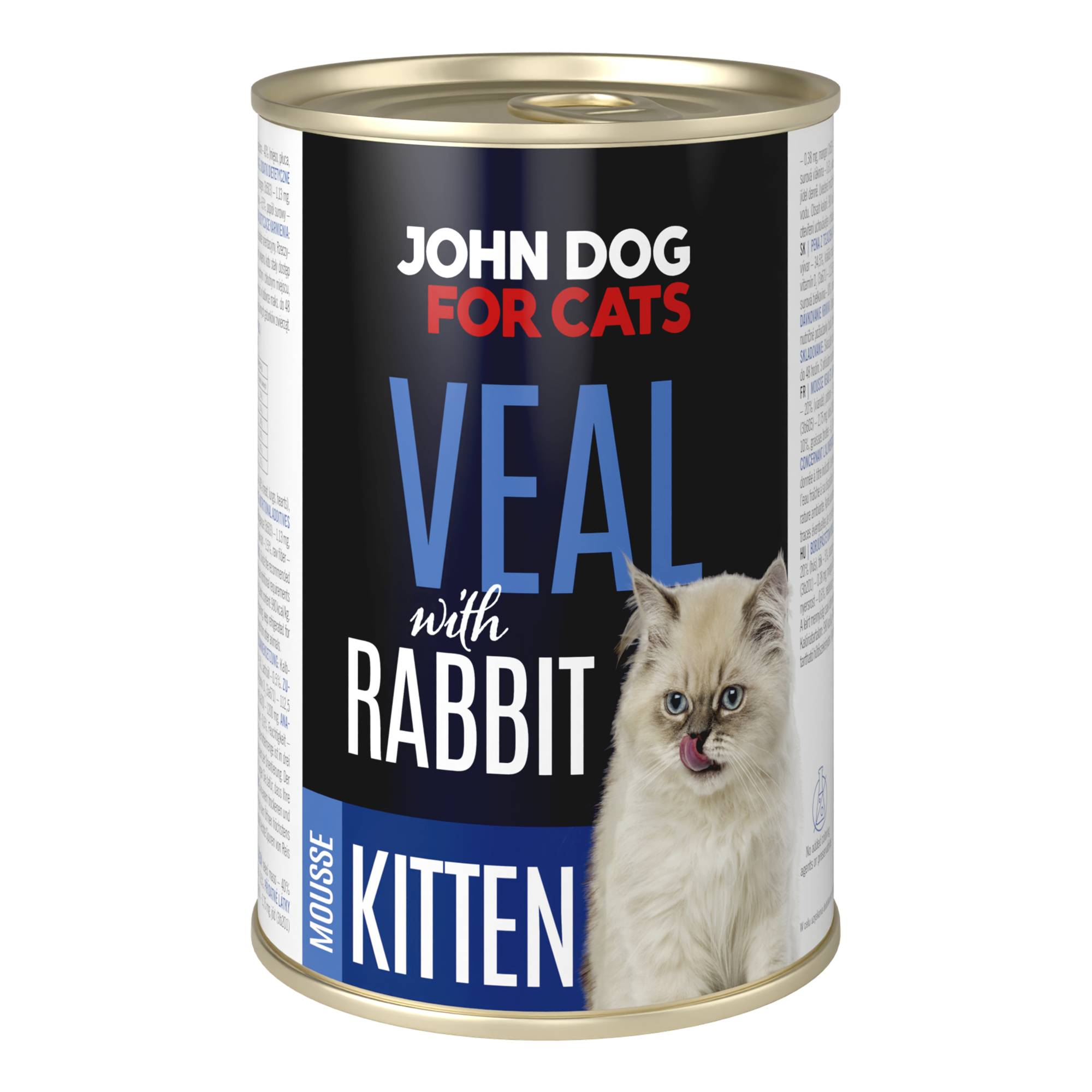 Karma mokra dla kociąt cielęcina z królikiem w ciemnej puszcze 400 g John Dog for Cats. Na etykiecie jest jasnoszary kot oraz białe i niebieskie napisy.