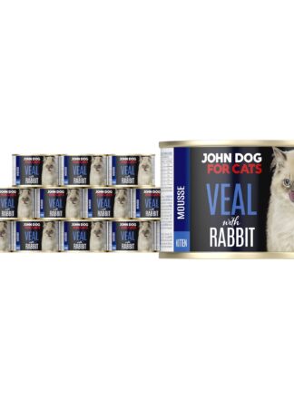 Karma mokra dla kociąt cielęcina z królikiem w dwunastu ciemnych puszkach 200 g John Dog for Cats. Na etykietach jest jasnoszary kot oraz białe i niebieskie napisy.