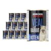 Karma mokra dla kociąt cielęcina z królikiem w dwunastu ciemnych puszkach 400 g John Dog for Cats. Na etykietach jest jasnoszary kot oraz białe i niebieskie napisy.