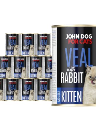 Karma mokra dla kociąt cielęcina z królikiem w dwunastu ciemnych puszkach 400 g John Dog for Cats. Na etykietach jest jasnoszary kot oraz białe i niebieskie napisy.