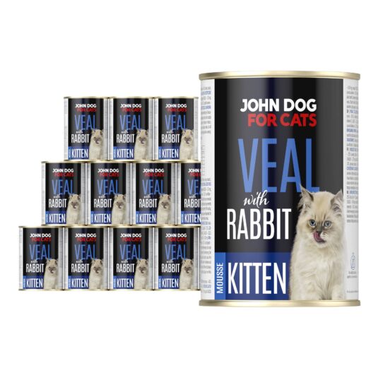 Karma mokra dla kociąt cielęcina z królikiem w dwunastu ciemnych puszkach 400 g John Dog for Cats. Na etykietach jest jasnoszary kot oraz białe i niebieskie napisy.