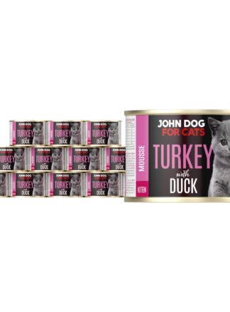Karma mokra dla kociąt indyk z kaczką w dwunastu ciemnych puszkach 200 g John Dog for Cats. Na etykietach jest szary kot oraz białe i różowe napisy.