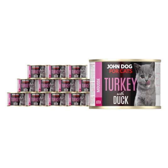 Karma mokra dla kociąt indyk z kaczką w dwunastu ciemnych puszkach 200 g John Dog for Cats. Na etykietach jest szary kot oraz białe i różowe napisy.