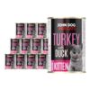 Karma mokra dla kociąt indyk z kaczką w dwunastu ciemnych puszkach 400 g John Dog for Cats. Na etykietach jest szary kot oraz białe i różowe napisy.