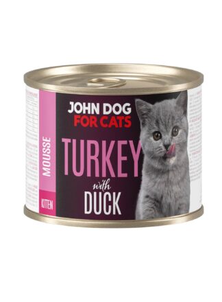Karma mokra dla kociąt indyk z kaczką w ciemnej puszcze 200 g John Dog for Cats. Na etykiecie jest szary kot oraz białe i różowe napisy.