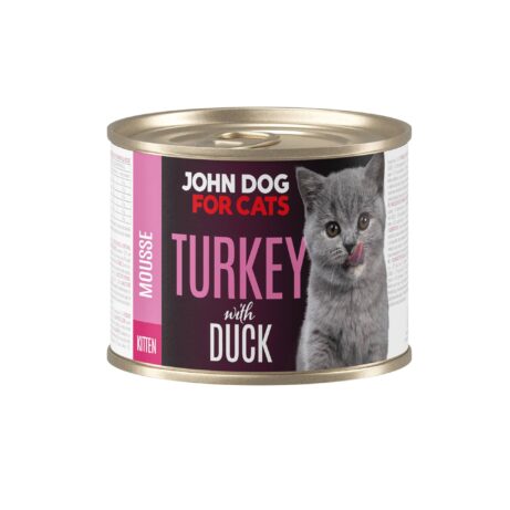 Karma mokra dla kociąt indyk z kaczką w ciemnej puszcze 200 g John Dog for Cats. Na etykiecie jest szary kot oraz białe i różowe napisy.