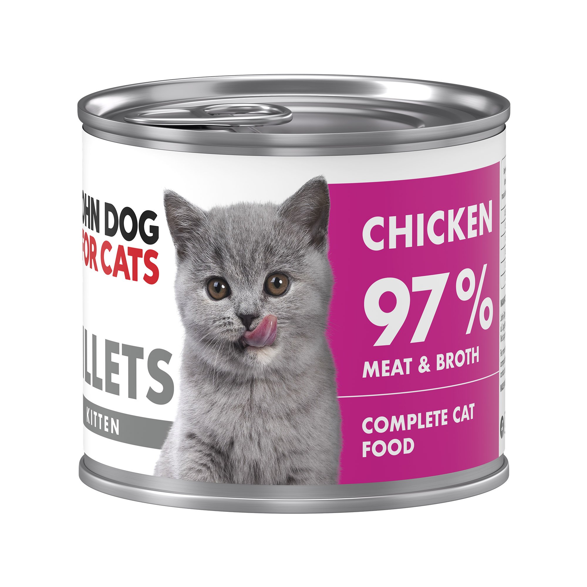 Srebrna puszka karmy dla kociąt John Dog for Cats Fillets 140 g z białą etykietą. Na etykiecie widoczny szary kociak oraz napis na fuksjowym tle „Chicken 97% Meat & Broth”.