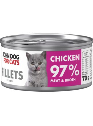 Srebrna puszka karmy dla kociąt John Dog for Cats Fillets 70 g z białą etykietą. Na etykiecie widoczny szary kociak oraz napis na fuksjowym tle „Chicken 97% Meat & Broth”.