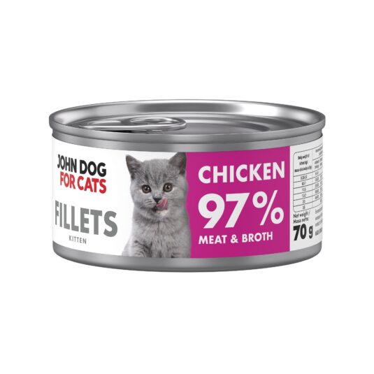Srebrna puszka karmy dla kociąt John Dog for Cats Fillets 70 g z białą etykietą. Na etykiecie widoczny szary kociak oraz napis na fuksjowym tle „Chicken 97% Meat & Broth”.