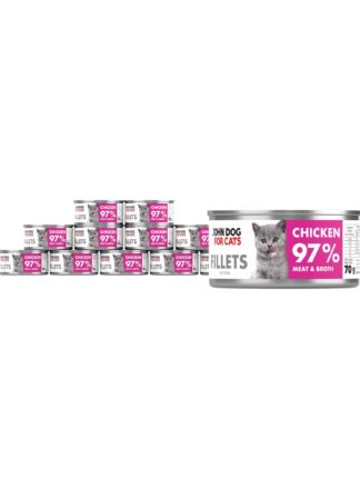12 srebrnych puszek karmy dla kociąt John Dog for Cats Fillets 70 g z białymi etykietami. Na etykietach widoczny szary kociak oraz napis na fuksjowym tle „Chicken 97% Meat & Broth”.