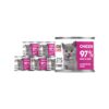 6 srebrnych puszek karmy dla kociąt John Dog for Cats Fillets 140 g z białymi etykietami. Na etykietach widoczny szary kociak oraz napis na fuksjowym tle „Chicken 97% Meat & Broth”.