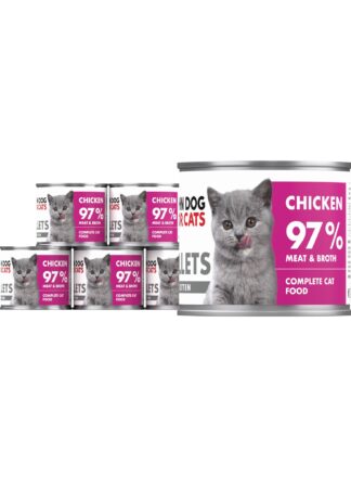6 srebrnych puszek karmy dla kociąt John Dog for Cats Fillets 140 g z białymi etykietami. Na etykietach widoczny szary kociak oraz napis na fuksjowym tle „Chicken 97% Meat & Broth”.