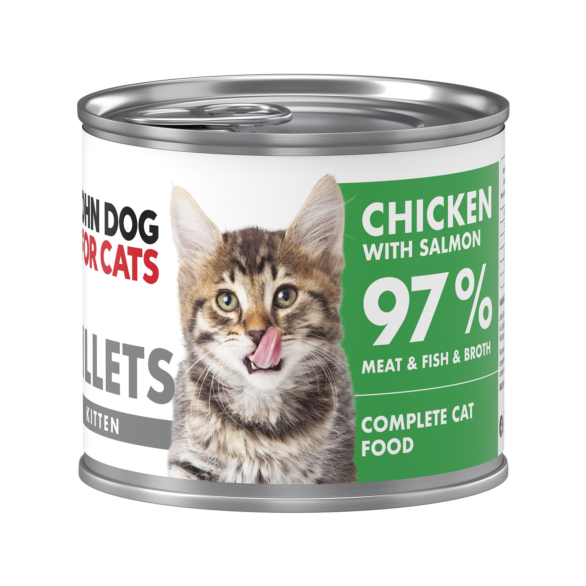 Srebrna puszka karmy dla kociąt John Dog for Cats Fillets 140 g z białą etykietą. Na etykiecie widoczny bury kociak oraz napis na zielonym tle „Chicken with salmon 97% Meat & Fish & Broth”.