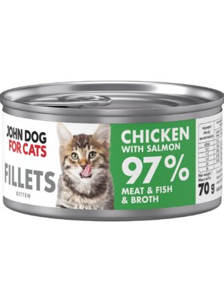 Srebrna puszka karmy dla kociąt John Dog for Cats Fillets 70 g z białą etykietą. Na etykiecie widoczny bury kociak oraz napis na zielonym tle „Chicken with salmon 97% Meat & Fish & Broth”.