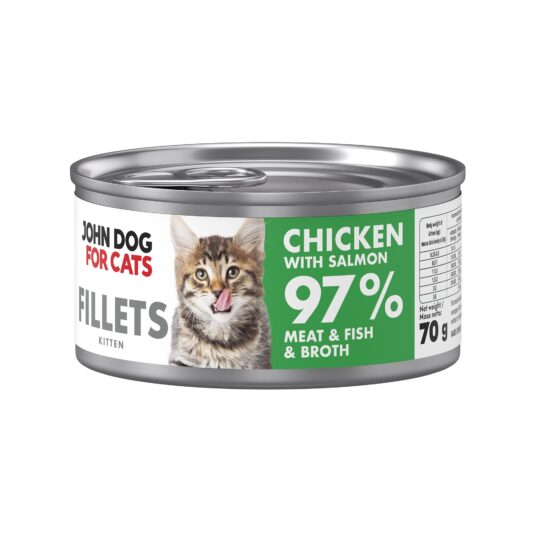 Srebrna puszka karmy dla kociąt John Dog for Cats Fillets 70 g z białą etykietą. Na etykiecie widoczny bury kociak oraz napis na zielonym tle „Chicken with salmon 97% Meat & Fish & Broth”.